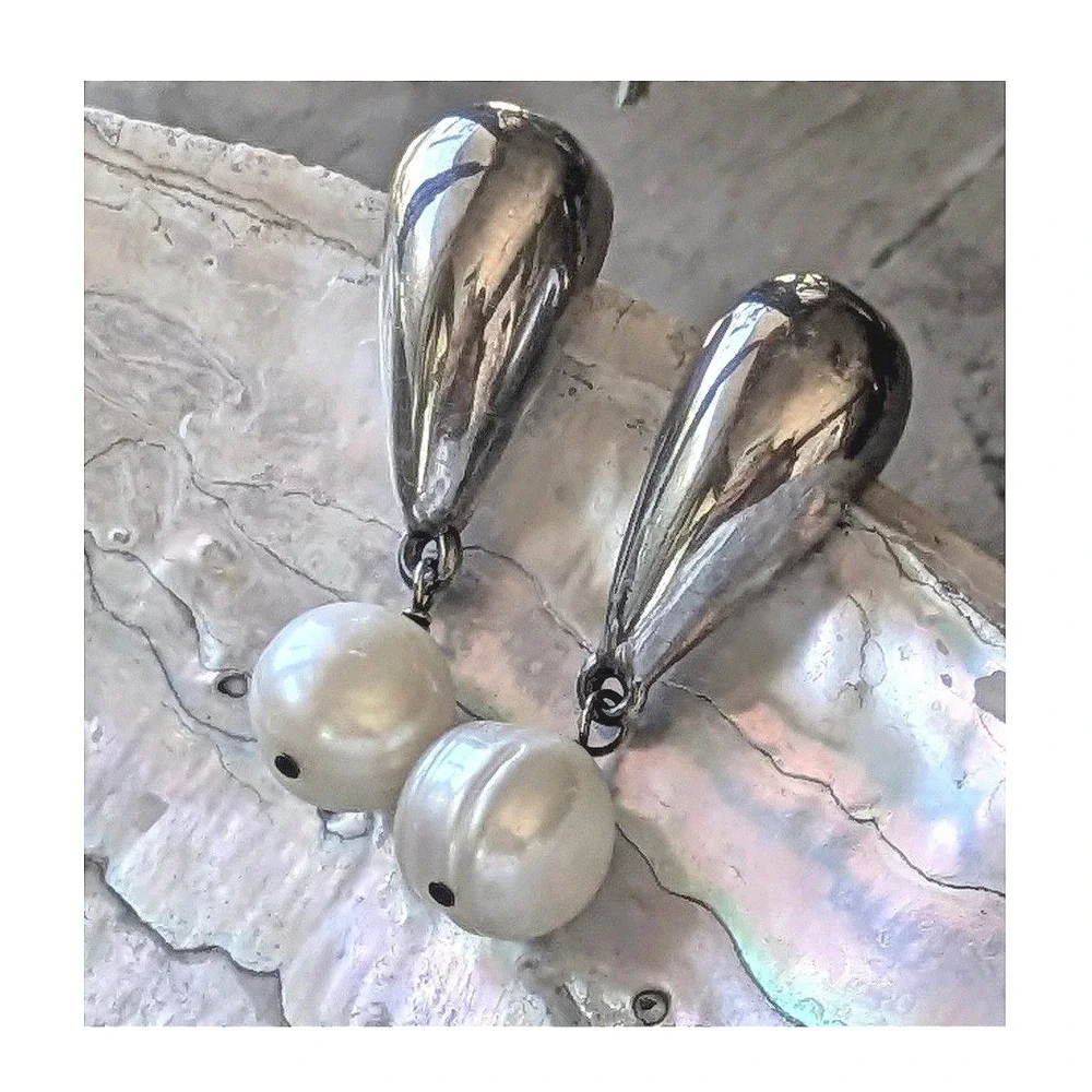 Sterling Silver Teardrop Baroque Freshwater Pearl Drop‎ Earrings 925 Modernist